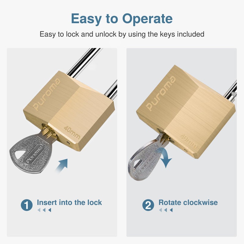 Puroma 1 Pack Keyed Padlock Waterproof Solid Brass Lock, 2.6 Inch Padlock with Keys for Sheds, Storage Unit School Gym Locker, Fence, Toolbox, Hasp Storage - Image 3